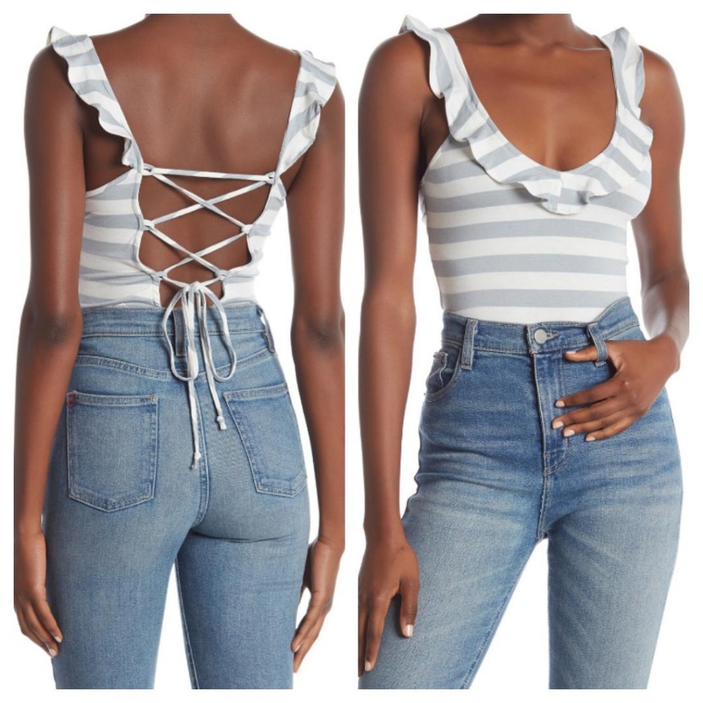 Little Black Bodysuit Lace-Up Back Stripe Bodysuit